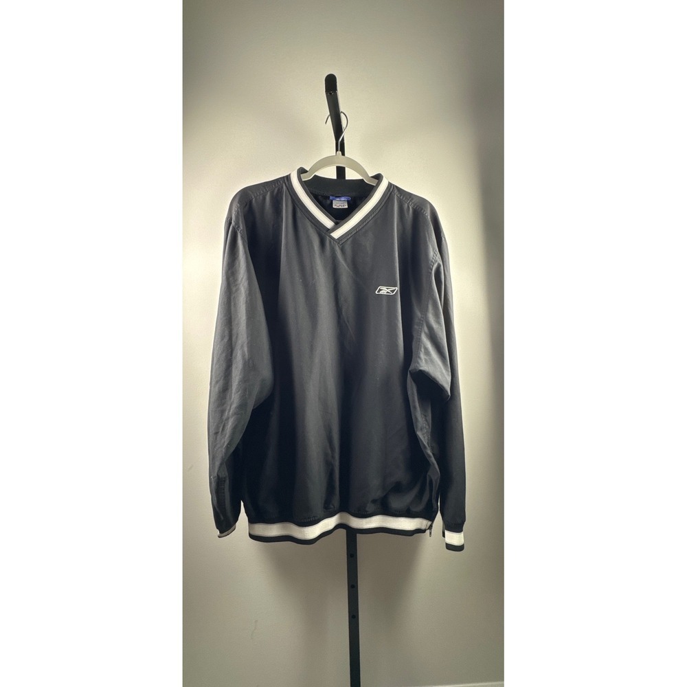 Reebok Windbreaker Pullover Women XL Black Excellent V-Neck Striped Trim Logo